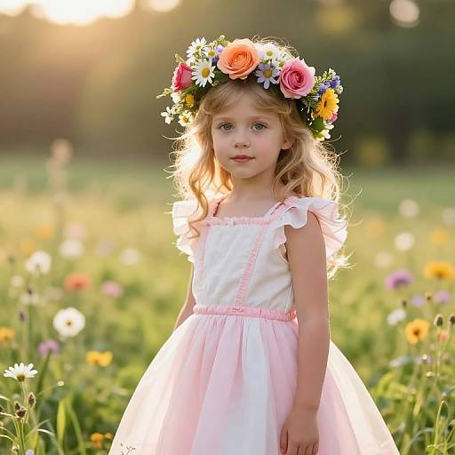 Photograph of a young blonde girl with a floral crown, wearing a pink and white dress, standing in a sunlit meadow filled with colorful wild