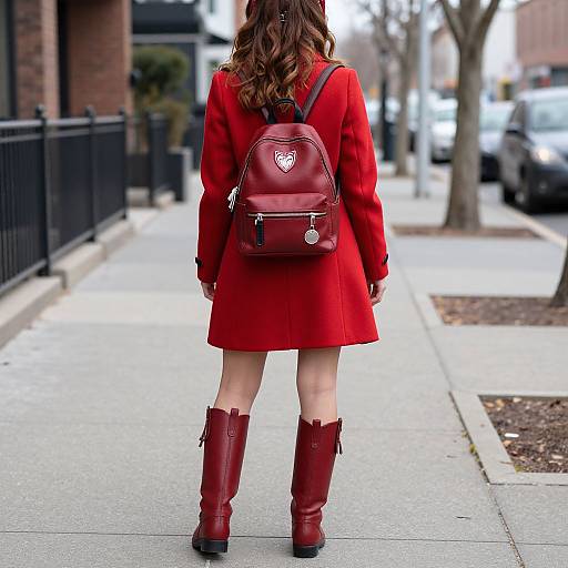 Photograph of a woman with wavy brown hair, wearing a red coat, matching red boots, and backpack, walking down a city sidewalk.