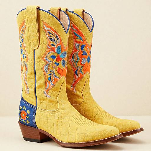 Photograph of vibrant yellow cowboy boots with intricate orange, blue, and white floral embroidery, blue accents, and brown wooden heels.