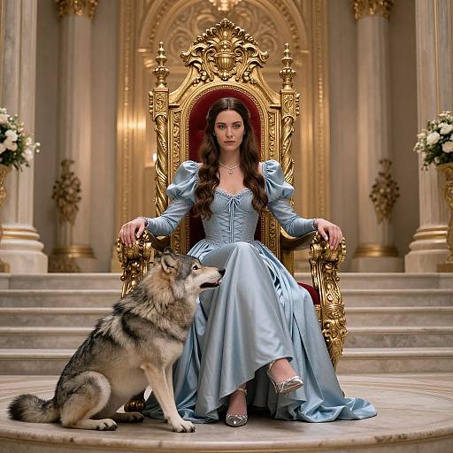 Digital art: Elegant woman in blue satin gown sits on ornate golden throne, with a wolf sitting obediently at her feet in a grand, column