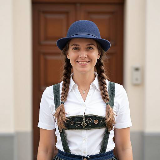 Photograph of a smiling young woman with braided brown hair, wearing a navy blue hat, white shirt, and green suspenders, standing in front