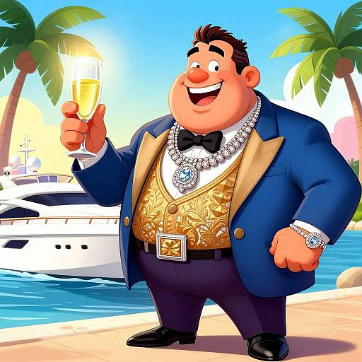 Cartoon Rich Guy by Luxury Yacht