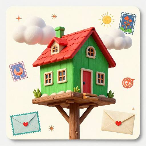 Colorful digital illustration of a green house with red roof on a wooden platform, surrounded by whimsical stamps and envelopes.