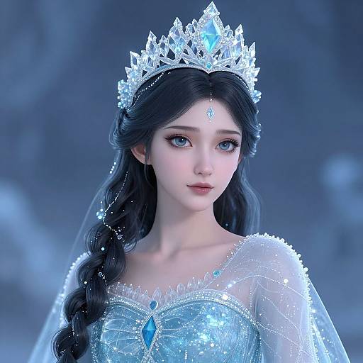 Digital art of a beautiful, fair-skinned young woman with long black hair, wearing a sparkling silver tiara and icy blue gown, set against a