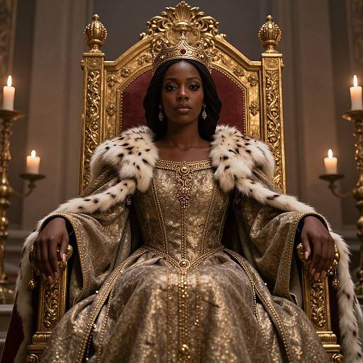 Regal photograph of a dark-skinned woman in an ornate gold throne, wearing a sparkling gold dress and a regal fur cape, surrounded by