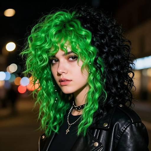 Photograph of a woman with vibrant green and black curly hair, wearing a black leather jacket, necklace, in a nighttime urban setting with blurred colorful lights