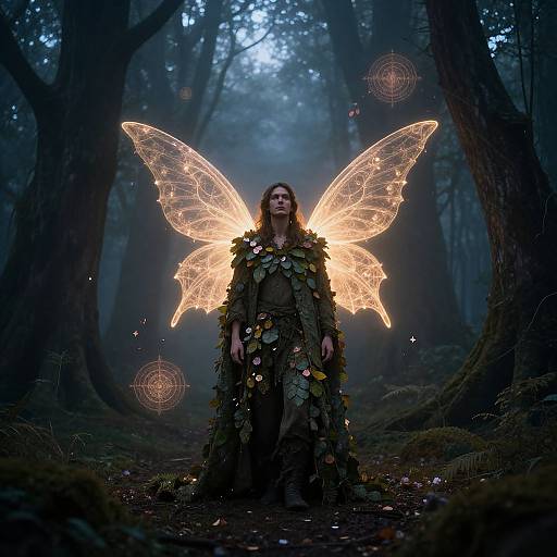 Photograph of a woman with glowing, translucent fairy wings, dressed in a leafy, forest-inspired cloak, standing in a misty forest.