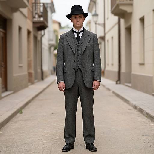 Photograph of a young man standing in a narrow, cobblestone alley, wearing a dark gray Victorian-style suit, black bow tie, white shirt