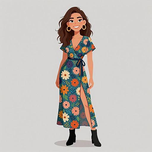 Digital illustration of a smiling woman with wavy brown hair, wearing a floral blue dress with a side slit, black ankle boots, and large hoop earrings
