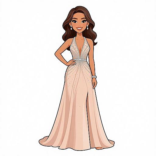 Digital illustration of a smiling woman with long dark hair in a sparkling, pink, deep V-neck, sleeveless evening gown, standing confidently.
