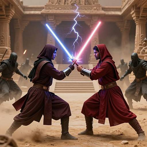 Photorealistic CGI of two hooded Jedi duel with blue and red lightsabers in a sandy, ancient temple, surrounded by cloaked enemies.