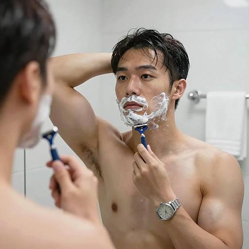 Muscular Man Shaving in Bathroom Scene