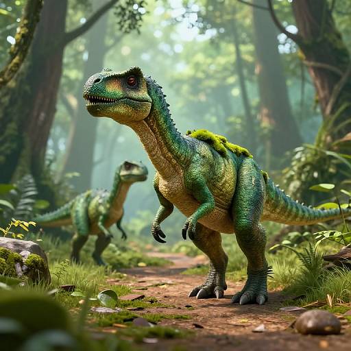 3D Green Dinosaurs in Misty Forest