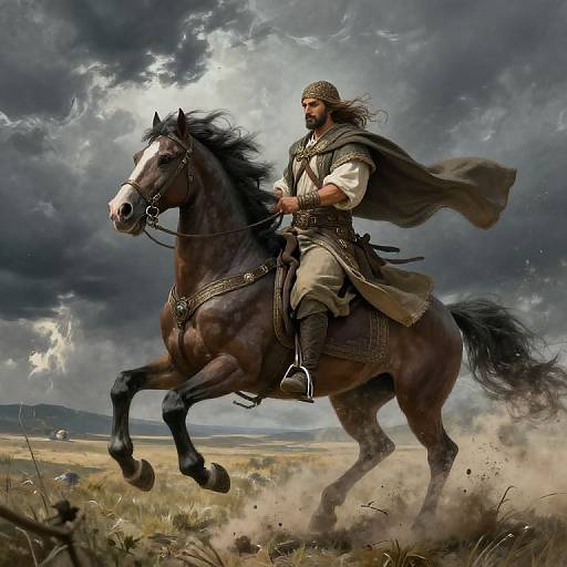 Digital fantasy artwork of a bearded warrior with a helmet and cape, riding a galloping black horse under a stormy sky.