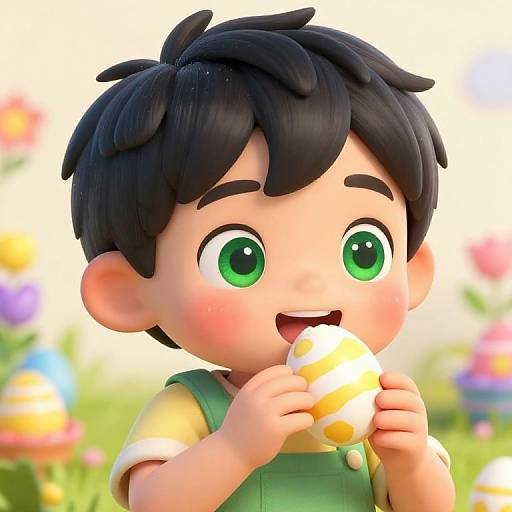 Cute 3D cartoon boy with black hair, green eyes, eating egg, wearing green overalls, surrounded by colorful flowers, bright and cheerful