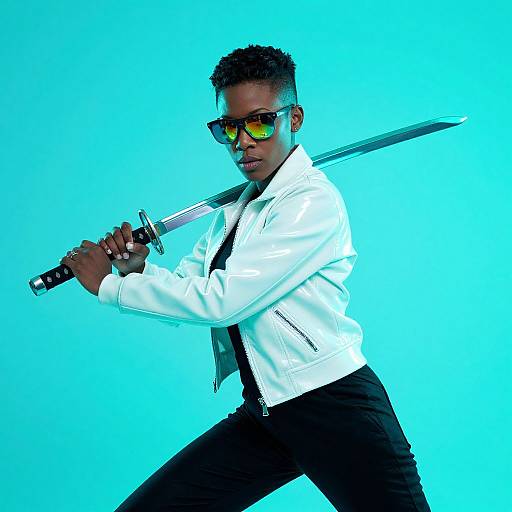Photograph of a confident Black man with short hair, wearing a white jacket, black pants, and yellow-tinted sunglasses, holding a sword against