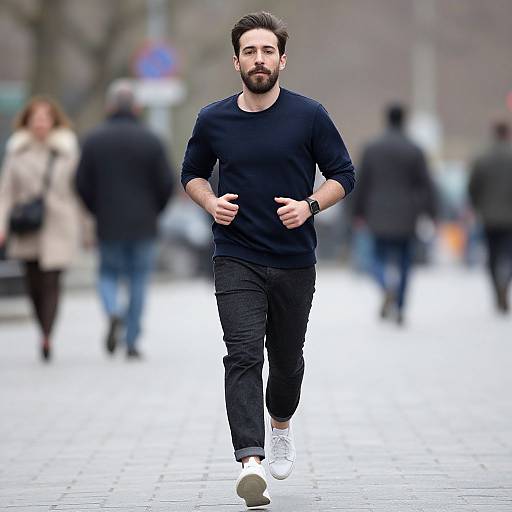 Photograph of a bearded man with dark hair, wearing a black long-sleeve shirt and black pants, jogging on a blurred city street with