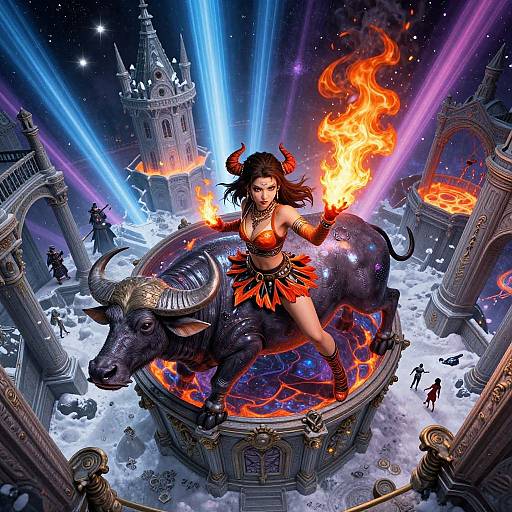 Digital artwork: A fierce, horned woman with red outfit and fire, riding a black bull, stands on a glowing, magical circle in a snowy