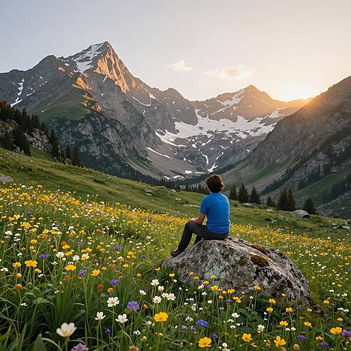Photograph of a person in a blue shirt sitting on a rock, overlooking a mountain range with snow-capped peaks at sunset, surrounded by a colorful