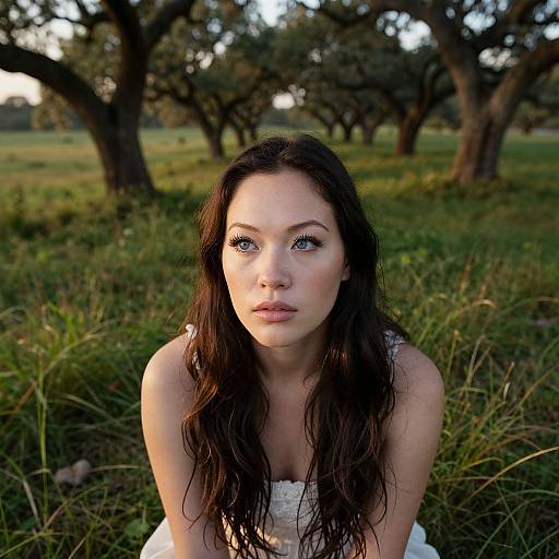 Photograph of a young woman with long, wet, dark brown hair, blue eyes, and fair skin, sitting in a grassy field with trees