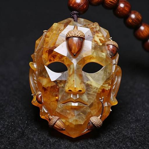 Photograph of a golden amber crystal mask pendant with acorn and nut details, set on a black textured background.