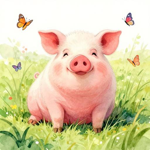 Joyful Pig Watercolor Meadow Scene