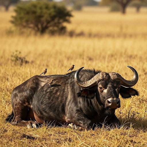 Photograph of a resting black wildebeest with large curved horns, lying in golden grass, with two small birds perched on its back,