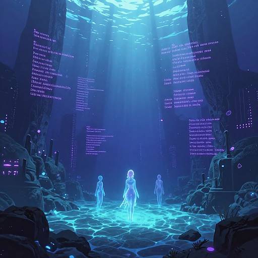 Digital sci-fi artwork of three glowing blue humanoid figures standing in a luminous, futuristic cavern with neon text and light beams.