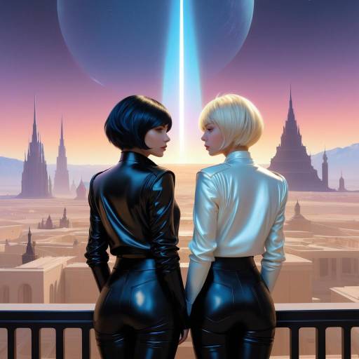 Futuristic Tomboy and Femme Space Explorers Over Alien City