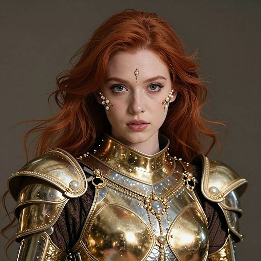 Photorealistic CGI of a fair-skinned, red-haired woman with piercing blue eyes, wearing shiny, ornate golden armor with intricate detailing, set