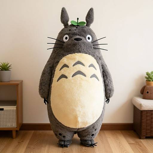Photograph of a plush Totoro costume standing in a room with wooden floors, white walls, and small potted plants. Totoro has