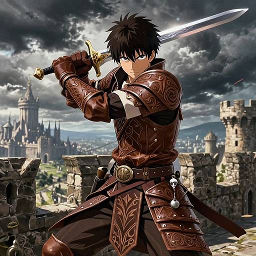 Anime-style illustration of a dark-haired, blue-eyed warrior in ornate brown armor, holding a glowing sword on a castle rooftop with a cloudy, dramatic
