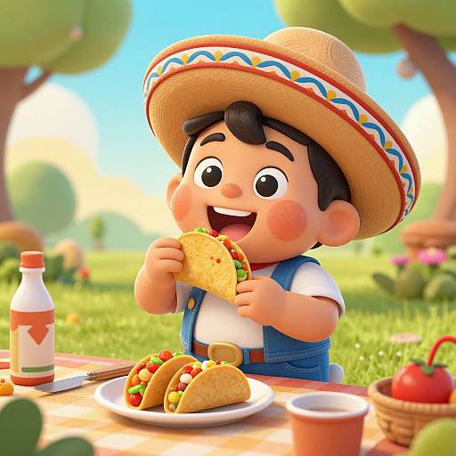 Cartoon boy in blue overalls and straw hat joyfully eats a taco in a sunny, colorful backyard picnic scene.