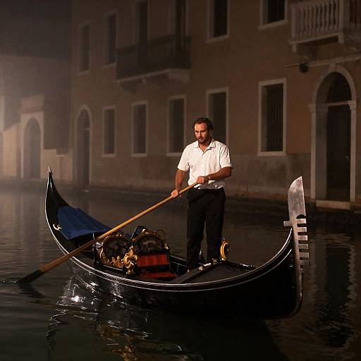 Gondolier Polishing Oar in Foggy Night