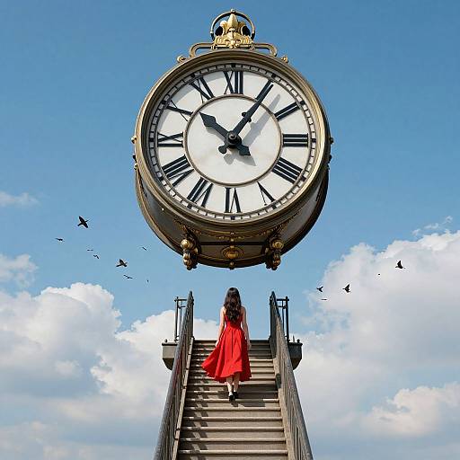 Photograph of a woman in a red dress ascending a staircase towards a large, floating vintage clock against a bright blue sky with scattered clouds and flying birds