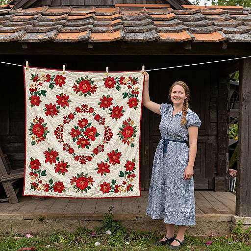 Photograph of a smiling woman in a blue dress, standing beside a wooden shed, holding up a white quilt with red floral patterns.