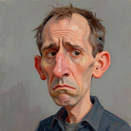 Digital painting of a worried-looking middle-aged man with thinning brown hair, pale skin, and large ears, wearing a dark shirt.