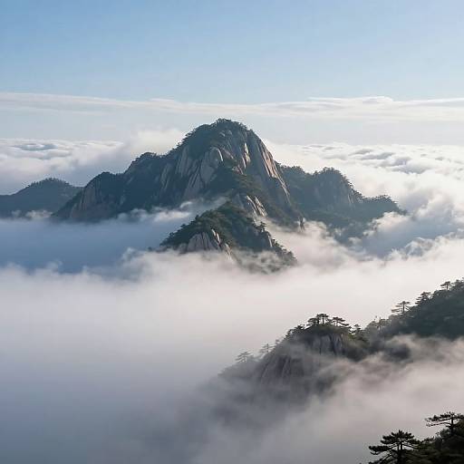 Photograph of majestic, mist-covered mountain peaks rising through a sea of clouds, with pine trees silhouetted in the foreground.