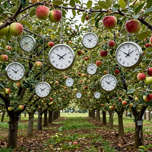 Photograph of a tree orchard with red and green apples, clock faces hanging among branches, displaying various times, under a bright, overcast sky