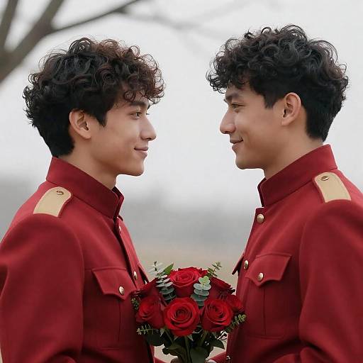 Two Men in Red Military Jackets with Roses