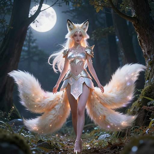 Anime Fox Woman in Moonlit Forest