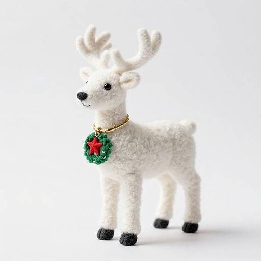 Photograph of a white, fuzzy, knitted Christmas reindeer with black hooves, wearing a gold collar and red star-shaped green wreath,
