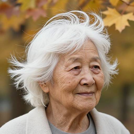 Photograph of an elderly Asian woman with white, windswept hair, smiling gently, wearing a white coat, set against a blurred autumn background with