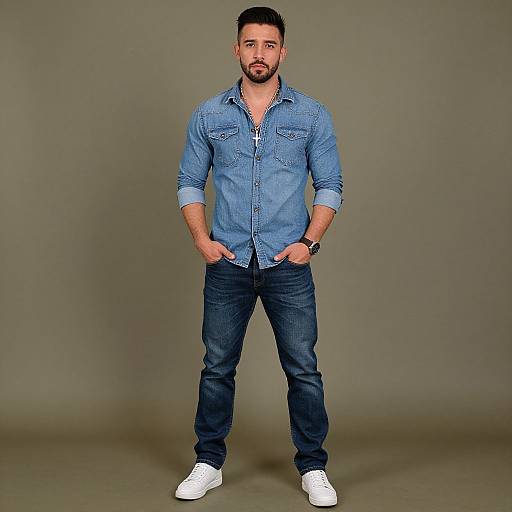 Photograph of a bearded man with short dark hair, wearing a blue denim shirt, dark jeans, and white sneakers, standing with hands in pockets
