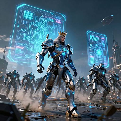Cybernetic warrior with gold crown, glowing blue armor, leading robotic army under neon holographic circuits in futuristic battlefield. Digital art.