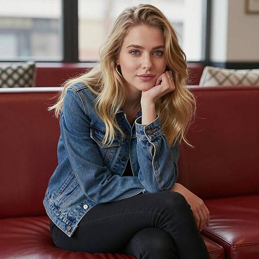 Young Woman on Red Leather Couch