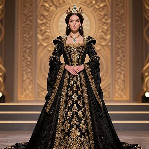 Photograph of a regal woman in an elaborate, black velvet gown with gold embroidery, wearing a jeweled crown, standing on a golden-patterned
