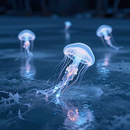 Photograph of glowing, ethereal jellyfish with translucent blue and white bodies, floating in a dark, reflective ocean at night.