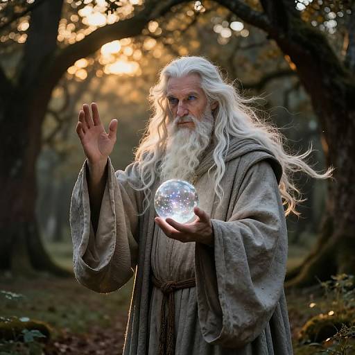 Photograph of a white-bearded wizard with long white hair, wearing a gray robe, holding a glowing orb in a forest at sunset. He raises