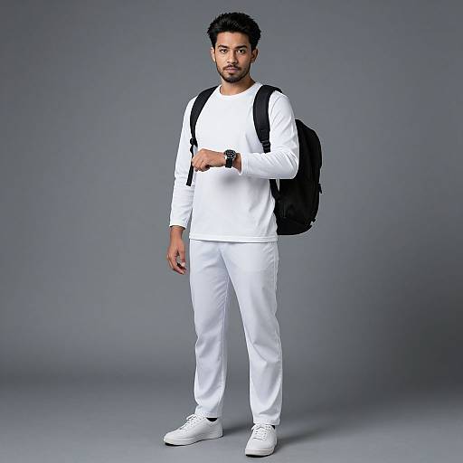Photograph of a young South Asian man with short black hair, wearing a white long-sleeve shirt, white pants, white sneakers, and a